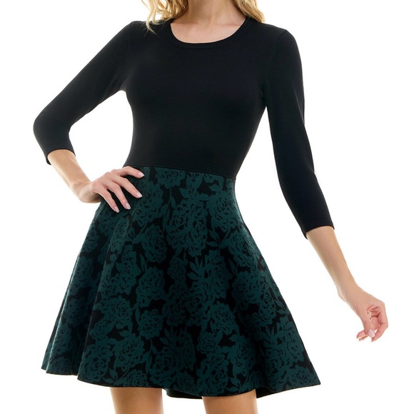 BCX Black and Green Floral Skater Dress - Picture 1 of 2